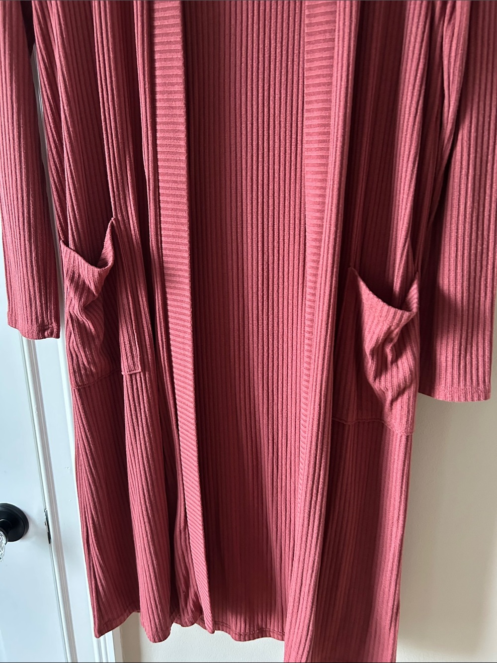 Wantable Ribbed Open-Front Long Cardigan - Brick Red - Picture 3 of 4